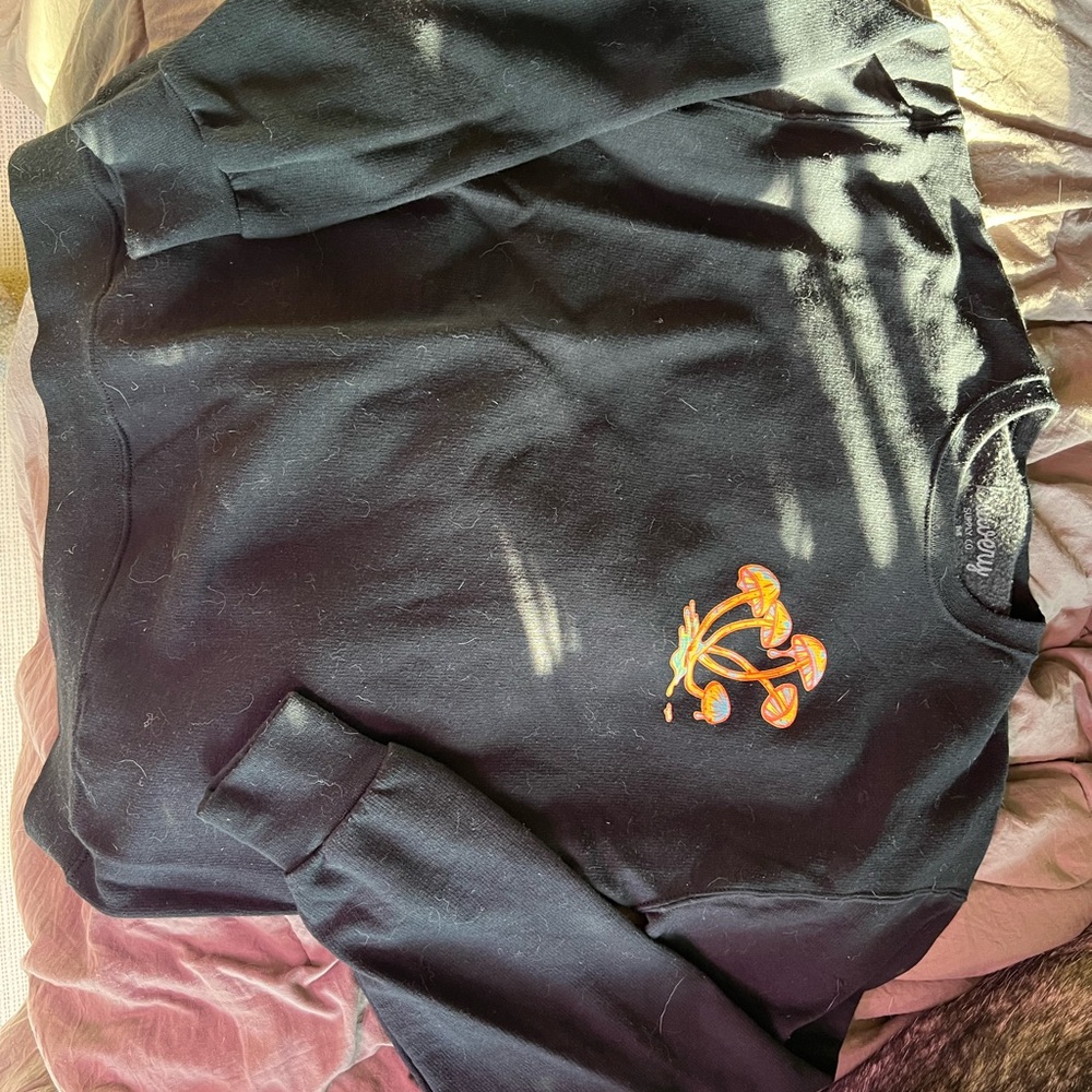Black Crewneck Sweatshirt with Orange Mushroom Design